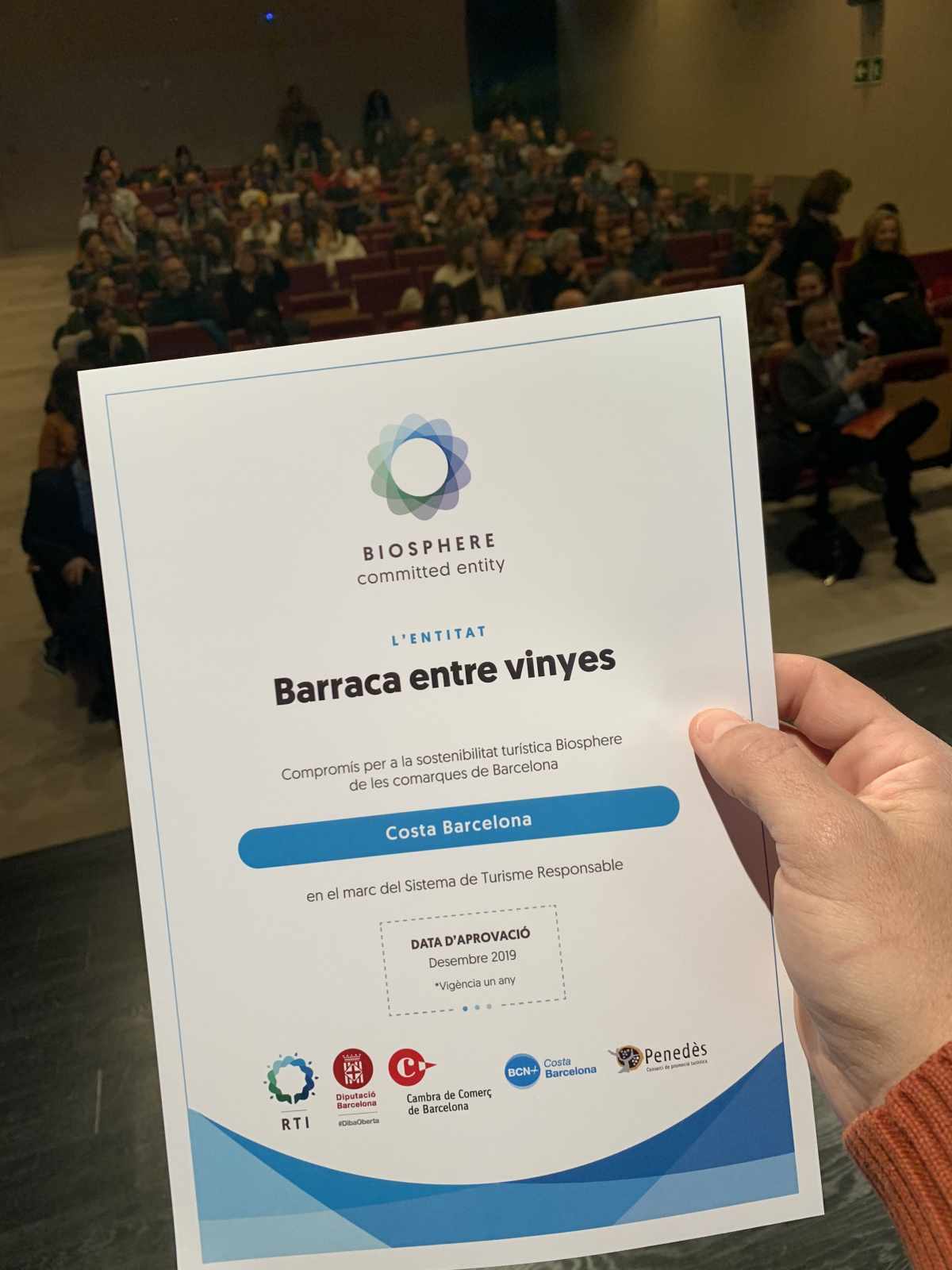 Entrega de diploma Biosphere a Barraca entre Vinyes.